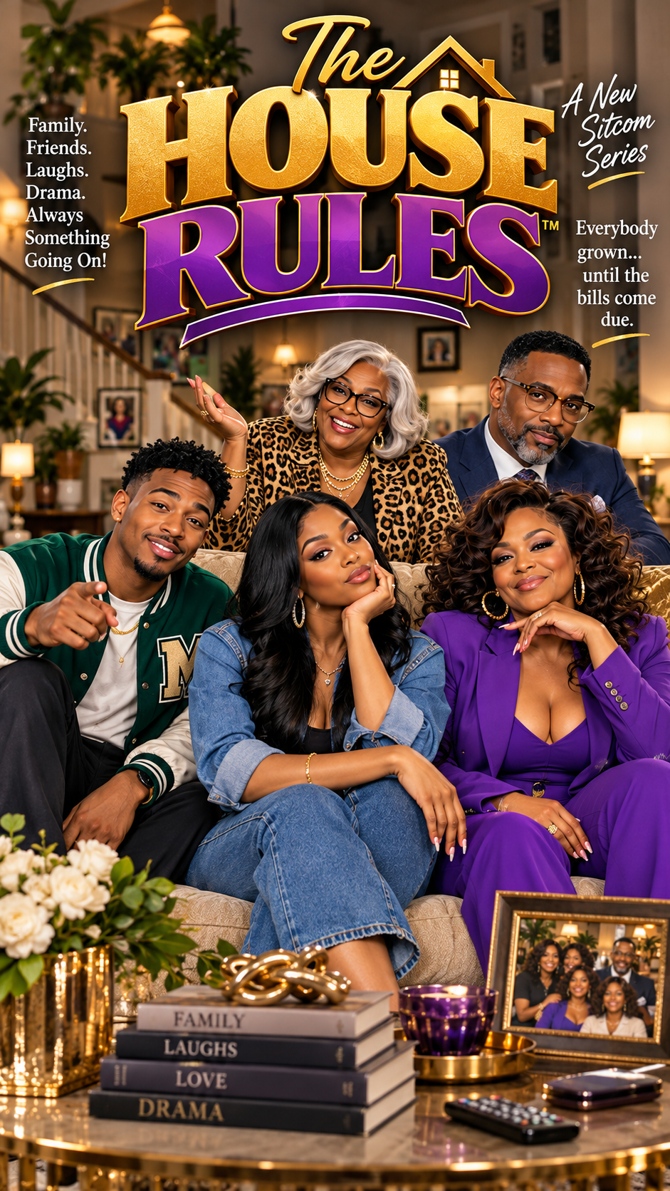 The House Rules cast with gold and purple title artwork